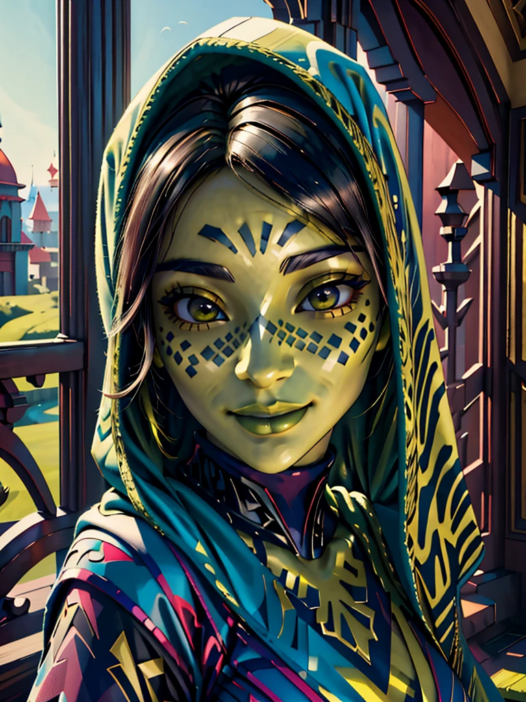 (best quality, masterpiece, beautiful and aesthetic:1.2, colorful, dynamic angle, highest detailed face)1girl,barissoffee, hood up, (green skin:1.4), facial tattoo,upper body portrait, looking at viewer, smiling(high contrast, official art, extreme detailed, highest detailed)