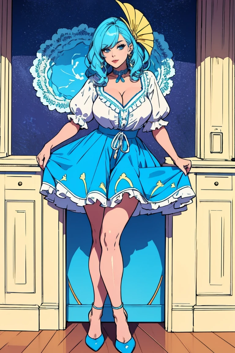 sakimichan, 1girl, rem (re:zero), solo, blue eyes, blue hair, roswaal mansion maid uniform, maid, short hair, thighhighs, detached sleeves, breasts, weapon, frills, white thighhighs, holding, ribbon, single horn, hair over one eye, apron, horns, hair ornament, medium breasts, looking at viewer, holding weapon, chain, frilled sleeves, garter straps, hair ribbon, dress, cleavage, open mouth, pink ribbon, x hair ornament, blood, glowing horns, wide sleeves, white apron, maid headdress
