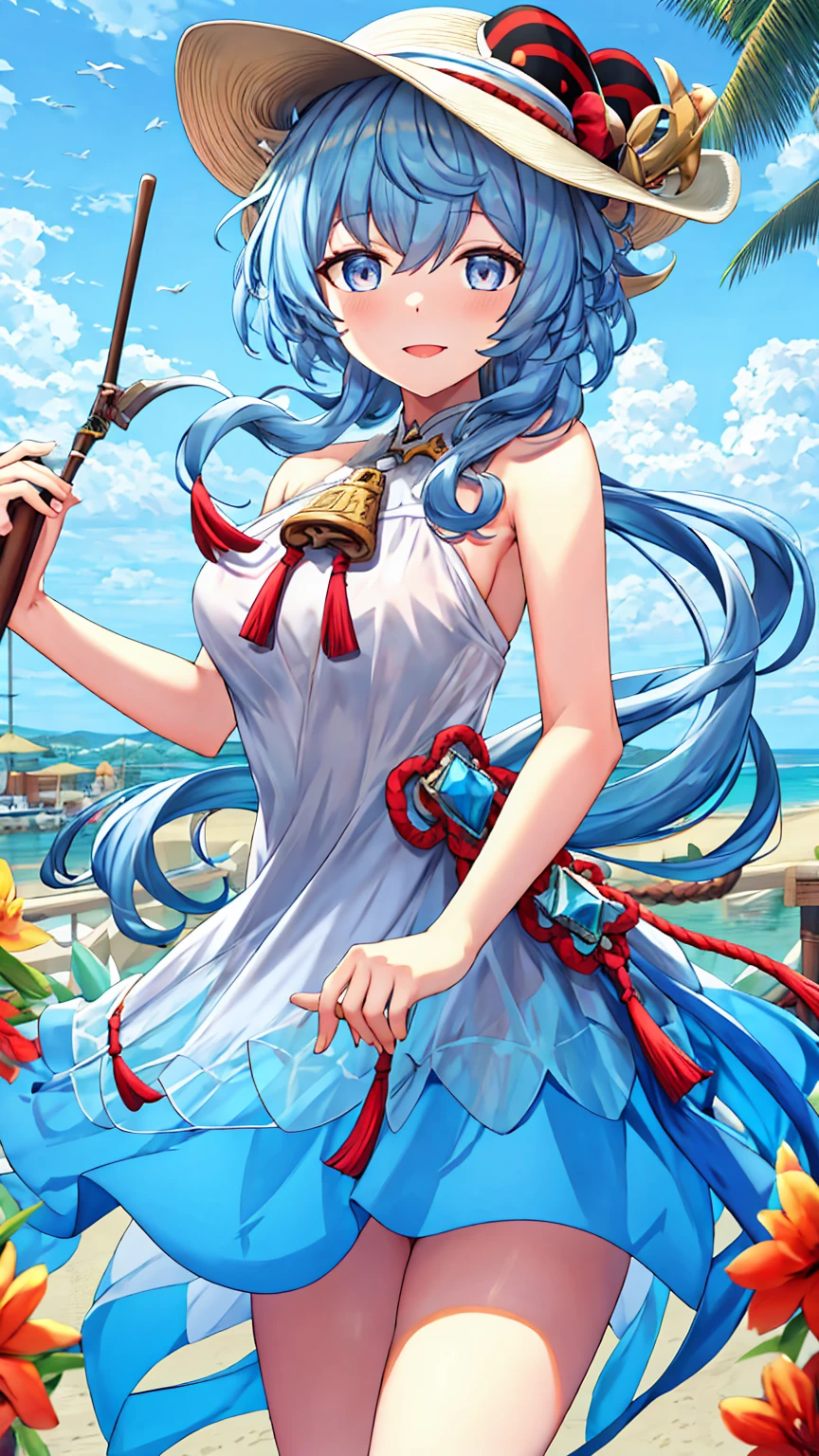 (Highest quality, masterpiece:1.4) , (Absurd:1.2), Complex, One girl, alone, Cinema Lighting, ganyu \(genshin impact\), elongated pupils, Fairy, Pointed Ears, Blue Hair, length hair, blue eyes, bangs, lips, ocean returnground, sundress, Straw hat, arms_behind_return, smile, blush,Beach,barefoot, detailed returnground, Are standing, full_body, white_dress, length_dress, detailed clothing folds, transparent_clothing, SFW, see-through dress, See-through silhouette,(Moderate_chest:0.4), 日没 break looking at viewer, (Cowboy Shot:1.5), smile,下から構figure, Thighs, セクシー break (masterpiece:1.2), Highest quality, High resolution, unity 8k wallpaper, (figure:0.8), (美しいFine grain:1.6), Highly detailed face, Perfect lighting, Highly detailed CG, (Perfect hands, Perfect Anatomy) break ((masterpiece,Highest quality)), Super detailed, Shine, Shine光, Ray Tracing, (Perfect Face, Detailed face, Fine grain, Perfect hands, Perfect Fingers:1.5), HD, Super cute face, Highest quality, Super detailed break Shine目, (Highest qualityの写実的なイラスト), (Super fine), (Cute illustrations:1.3), (High chroma:1.3),, Beautiful detailed face and eyes, Dynamic lighting, (Very delicate and beautiful) break (Nice hands), (Perfect hands:1.4), Highly detailed illustration, Super cute and beautiful, Highest quality, slender, ,Baby Face,