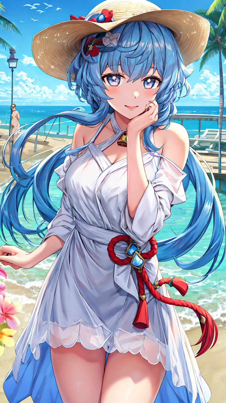 (Highest quality, masterpiece:1.4) , (Absurd:1.2), Complex, One girl, alone, Cinema Lighting, ganyu \(genshin impact\), elongated pupils, Fairy, Pointed Ears, Blue Hair, length hair, blue eyes, bangs, lips, ocean returnground, sundress, Straw hat, arms_behind_return, smile, blush,Beach,barefoot, detailed returnground, Are standing, full_body, white_dress, length_dress, detailed clothing folds, transparent_clothing, SFW, see-through dress, See-through silhouette,(Moderate_chest:0.4), 日没 break looking at viewer, (Cowboy Shot:1.5), smile,下から構figure, Thighs, セクシー break (masterpiece:1.2), Highest quality, High resolution, unity 8k wallpaper, (figure:0.8), (美しいFine grain:1.6), Highly detailed face, Perfect lighting, Highly detailed CG, (Perfect hands, Perfect Anatomy) break ((masterpiece,Highest quality)), Super detailed, Shine, Shine光, Ray Tracing, (Perfect Face, Detailed face, Fine grain, Perfect hands, Perfect Fingers:1.5), HD, Super cute face, Highest quality, Super detailed break Shine目, (Highest qualityの写実的なイラスト), (Super fine), (Cute illustrations:1.3), (High chroma:1.3),, Beautiful detailed face and eyes, Dynamic lighting, (Very delicate and beautiful) break (Nice hands), (Perfect hands:1.4), Highly detailed illustration, Super cute and beautiful, Highest quality, slender, ,Baby Face,