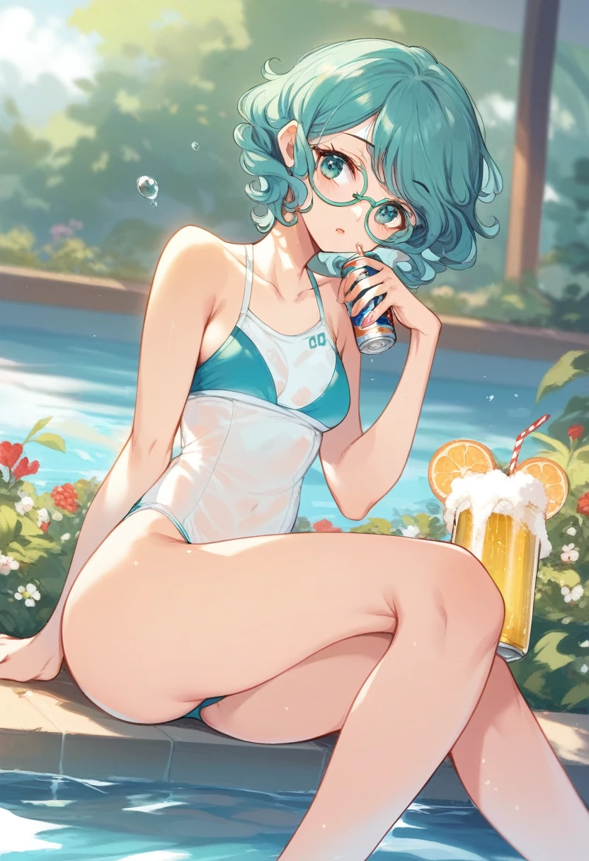 BREAK Perfect Anatomy、(High resolution:1.2)、Incredible illustrations、(Cute illustrations:1.2)、 (Beautiful background) 1 girl(Curly short cut, aqua hair)(Holder neck swimsuit, sunglasses)(Soak in the vinyl pool and drink canned beer in the garden(see through))