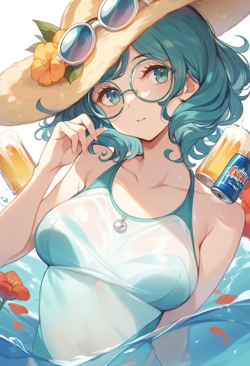 BREAK Perfect Anatomy、(High resolution:1.2)、Incredible illustrations、(Cute illustrations:1.2)、 (Beautiful background) 1 girl(Curly short cut, aqua hair)(Holder neck swimsuit, sunglasses)(Soak in the vinyl pool and drink canned beer in the garden(see through))