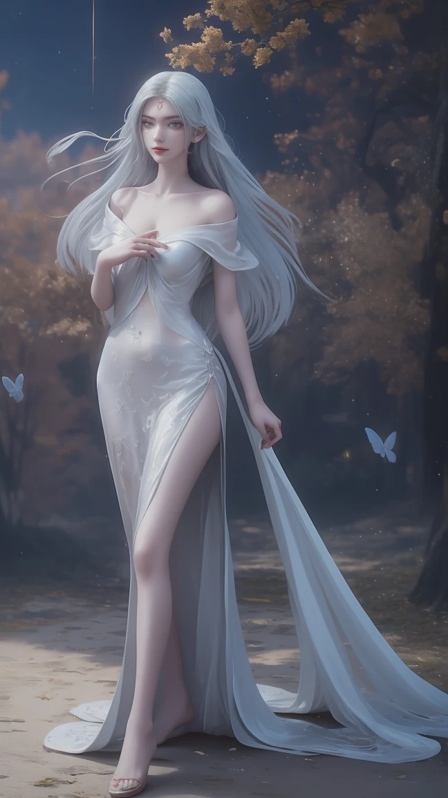 A beautiful woman with perfect curves wearing a long white dress that gently flutters in the air,The beautiful woman was standing in a sea of beautiful flowers surrounding her, Chinese traditional, her flexible body increasing with every movement, So enchanting, the dim candlelight, the glowing butterflies fighting the darkness of the night, the light of the moon, The night wind blowing the curtains, the white flower petals , flower petals flying around the room, Chinese dancing, This woman is so beautiful that she attracts everyone who watches her, ancient China, imperial empress