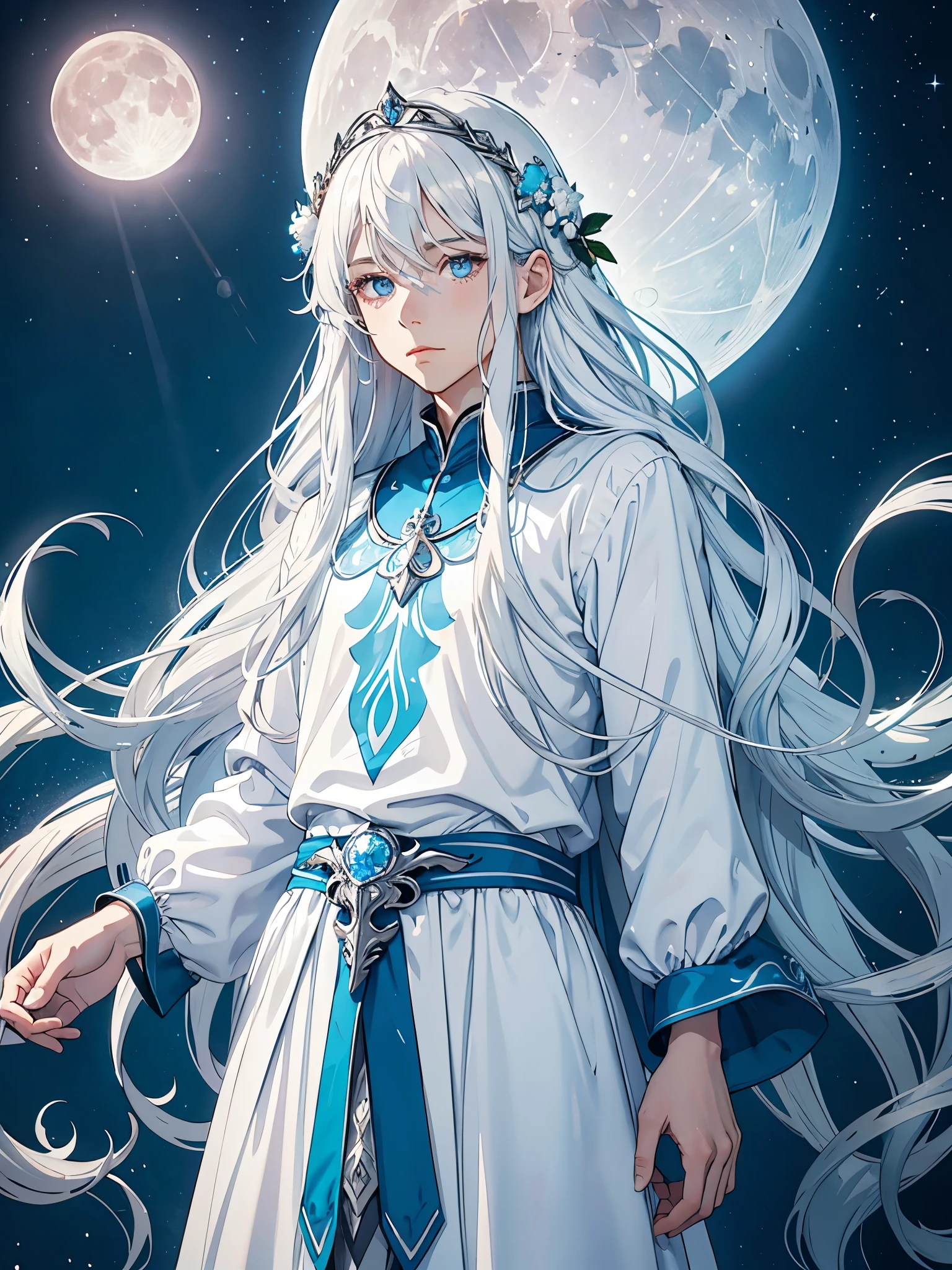 Viele blaue Blumen. Long hair. long white hair. aquatic, boy, Goddess of the Moon, silver hair accessories, White hair, White dress, cape, at night, saturated colors, light eyes, bright, light blue light, blue eyes, Jewelry silver, bluish light, Full moon in the background, aquatic in der Luft rosa kerzen