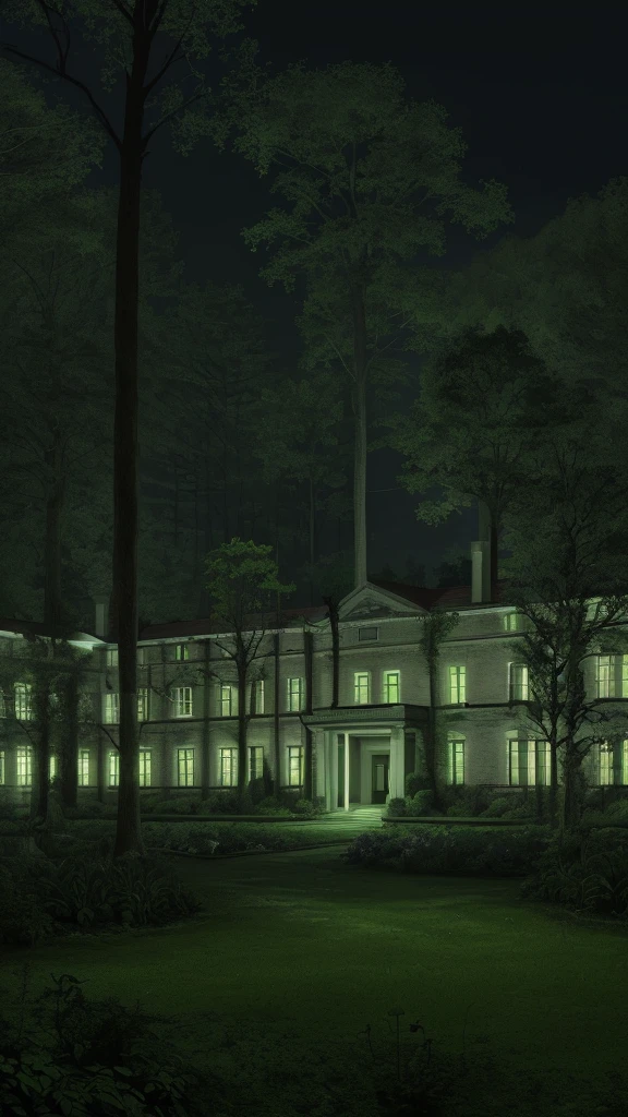Mental hospital exterior with garden in a forest at night