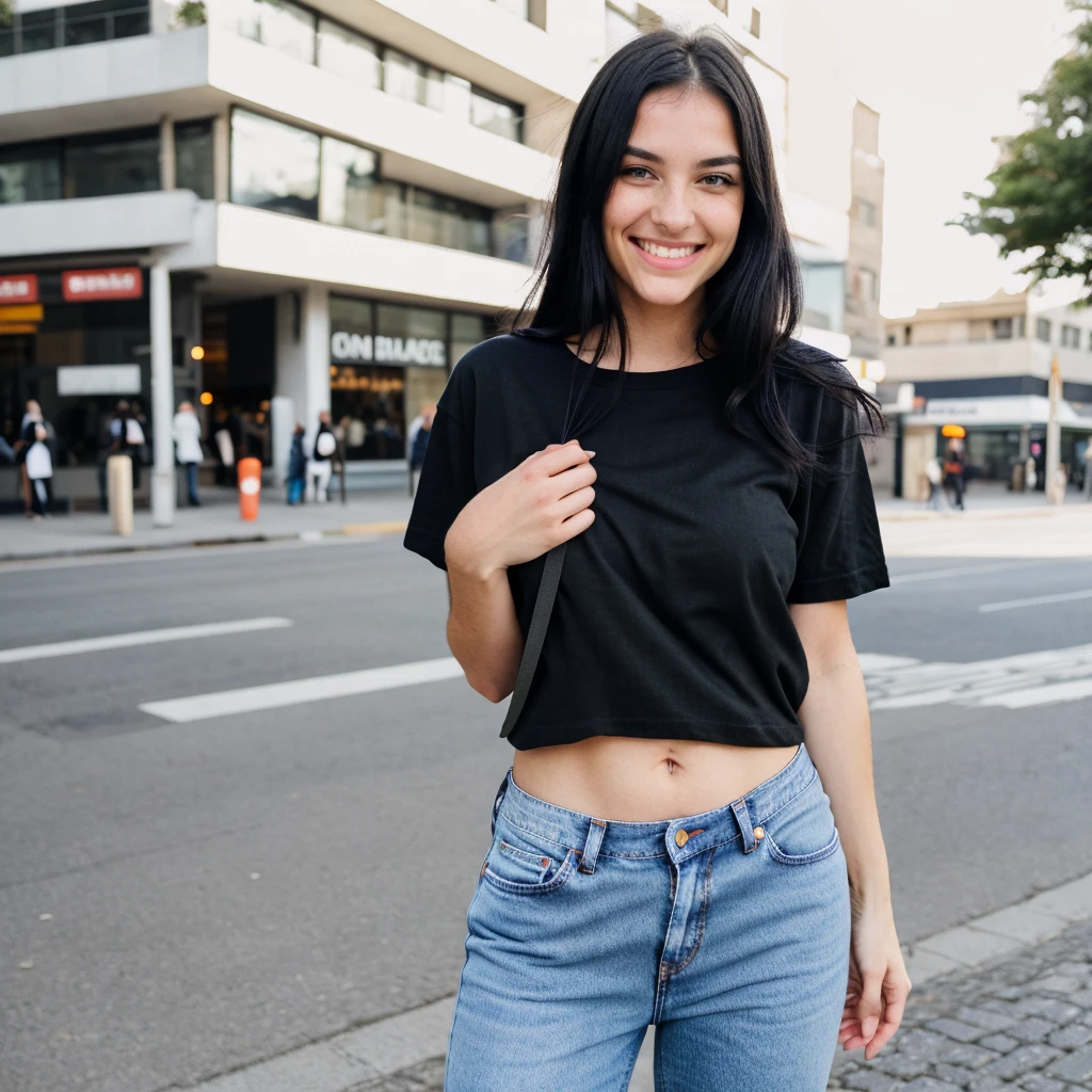 A hyper realistic image of a beautiful young Caucasian woman with  round face, black hair, smiling. She is wearing a plain (baggy) t-shirt and jeans. In street. (Modest dressing) properly dressed. (((Number of persons:1)))