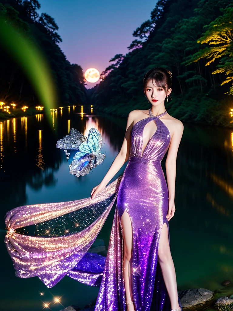 High quality photo,right lips and eye's, (not any mistakes) beautiful shinobu kocho, wearing glittering purple short party dress, angelic, , elegant and graceful, butterfly, sparkling, at a night forest moonlight river side