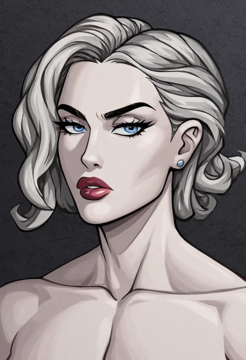 thick strokes, linear grosso, thick black linear, thick black linear thick black linear, thin chin, low lips, thin and small eyes, serious look, pale skin