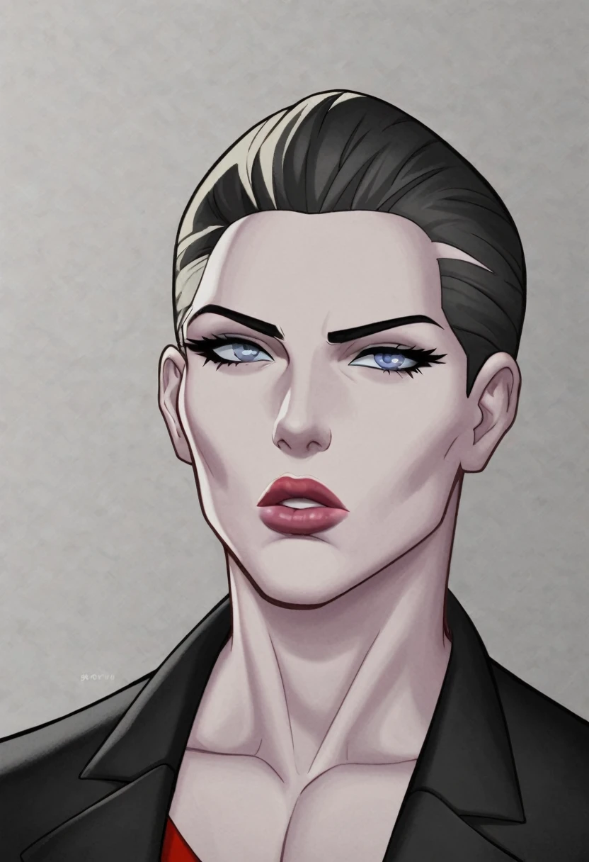 thick strokes, linear grosso, thick black linear, thick black linear thick black linear, thin chin, low lips, thin and small eyes, serious look, pale skin