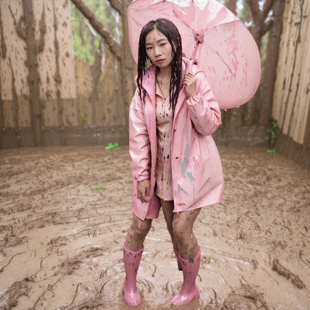asian lady, cute pose, ((pink buttoned up raincoat)), ((wearing raincoat hood)), tall pink rain boots, ((((muddy splatters)))), ((mud dripping down raincoat)),  intricate details, highly detailed, masterpiece, 8k, photorealistic, cinematic lighting, vibrant colors, soft focus, elegant, feminine, beautiful, serene, graceful