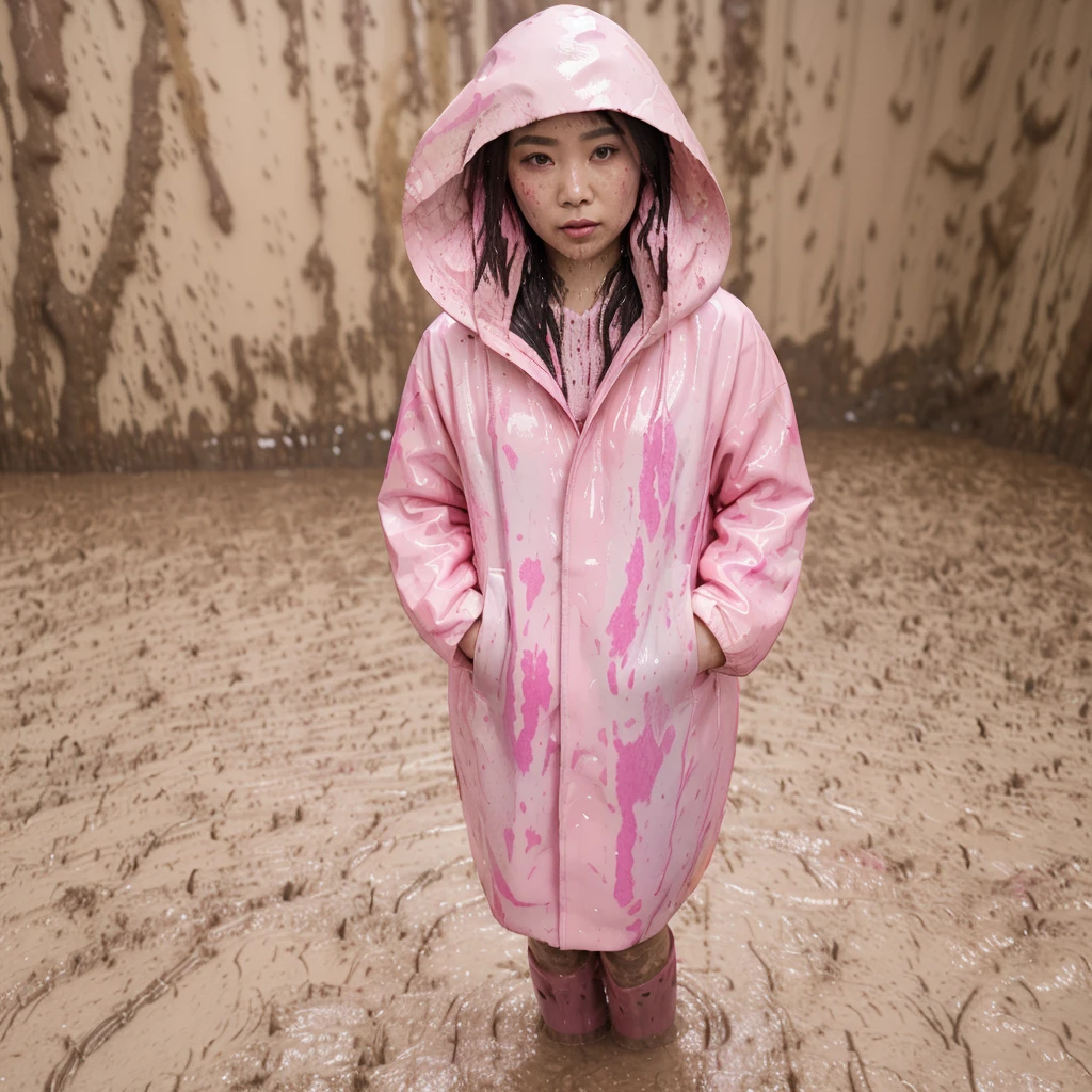 Graffity, Banksy-Kunst, A girl, wearing a pink raincoat and holding a red balloon, vor einem rauchenden Vulkan stehen, digitale Kunst