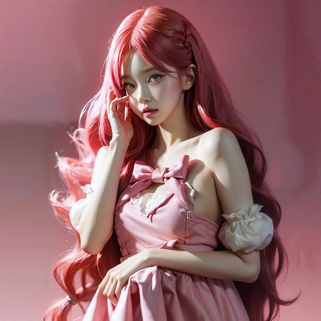 
araffe girl with pink hair belle delphine, red wig, anime girl cosplay, anime barbie doll, anime girl in real life, fairycore, beautiful anime style, curly pink hair, long flowing pink hair, pink and red color style, kawaii hair style, anime cosplay, beautiful pink little alien girl, with curly red hair Green eyes wearing a cute hair bow pink background  pink background