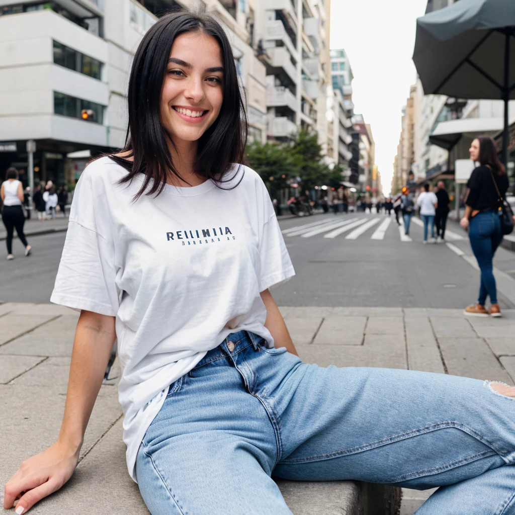 A hyper realistic image of a beautiful young Caucasian woman sitting with  round face, black hair, smiling. She is wearing a plain (baggy) t-shirt and jeans. In street. (Modest dressing) properly dressed. (((Number of persons:1)))