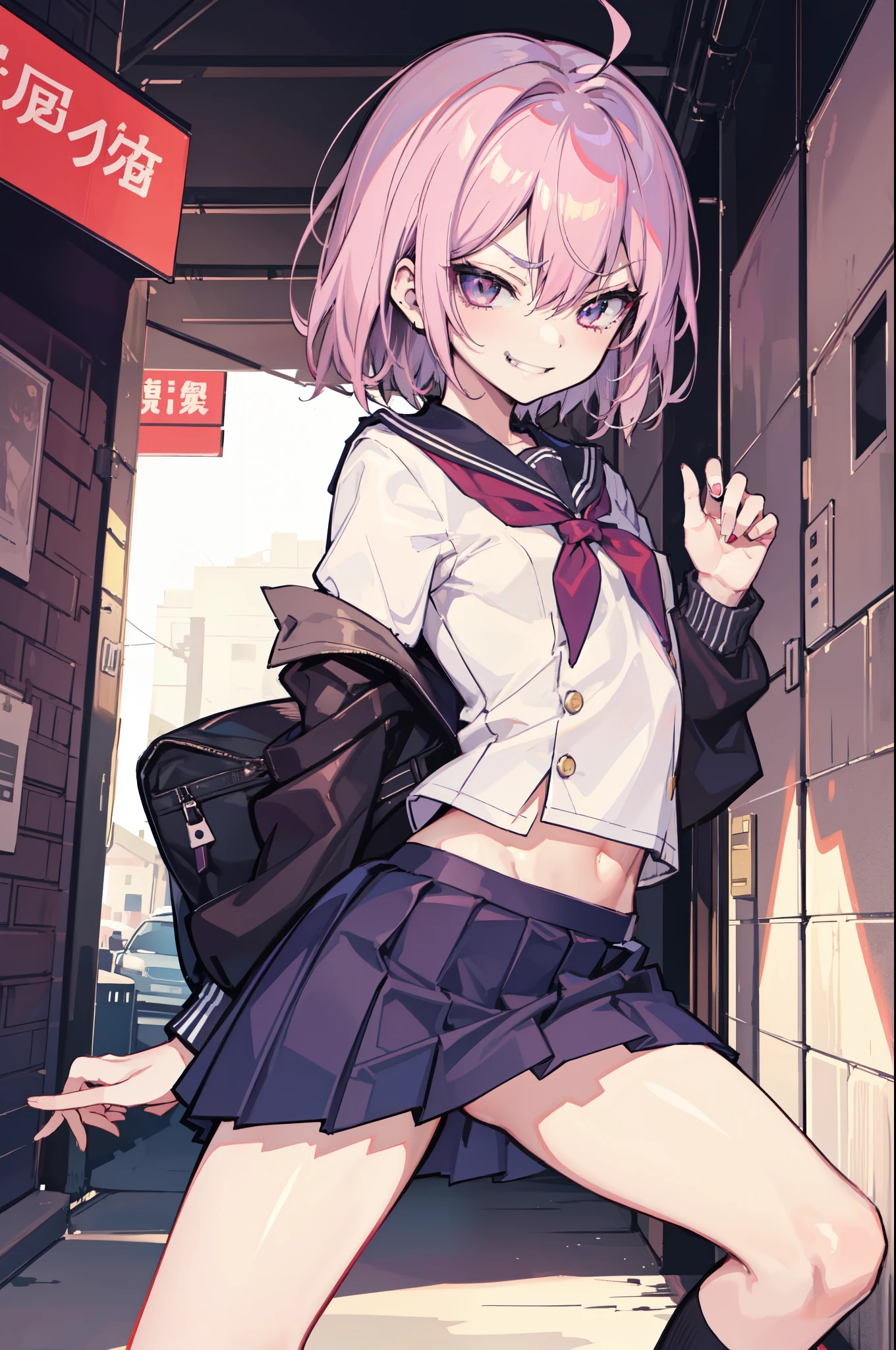 (hentai:1.1), (ideal:1.1), (perfection:1.1), (highest quality:1.2), (best quality:1.2), hentai style, (alley:1.1), 1girl, (sexy body:1.1), (evil smirk:1.2), (:0.9), slutty, (school uniform:1.1), detailed body, sexy thighs, small breasts, short hair, high quality eyes, 4K, highest quality resolution, best quality resolution, best quality upscale,