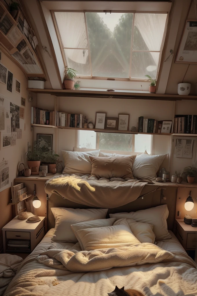 A bedroom that has a cozy and intimate atmosphere, perfect for relaxation and sleep. The room features a large window that overlooks a rainy cityscape, providing a moody and calming backdrop. The bed is covered with soft blankets and pillows, and a cat is peacefully resting on it, adding to the cozy vibe. 

The room is decorated with various framed pictures on the wall, and there are warm, ambient lights and small lamps that create a soft glow. The bedside area is cluttered with books and plants, giving the space a lived-in and personal feel. The overall aesthetic is warm and inviting, making it an ideal spot for a restful night's sleep.