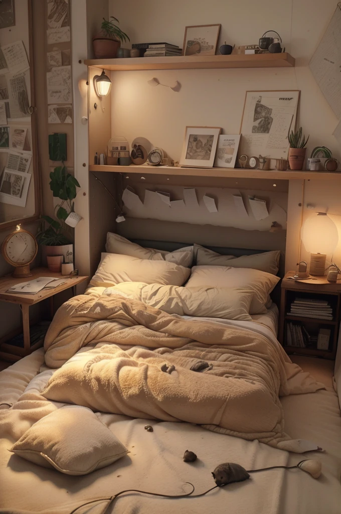 A bedroom that has a cozy and intimate atmosphere, perfect for relaxation and sleep. The room features a large window that overlooks a rainy cityscape, providing a moody and calming backdrop. The bed is covered with soft blankets and pillows, and a cat is peacefully resting on it, adding to the cozy vibe. 

The room is decorated with various framed pictures on the wall, and there are warm, ambient lights and small lamps that create a soft glow. The bedside area is cluttered with books and plants, giving the space a lived-in and personal feel. The overall aesthetic is warm and inviting, making it an ideal spot for a restful night's sleep.