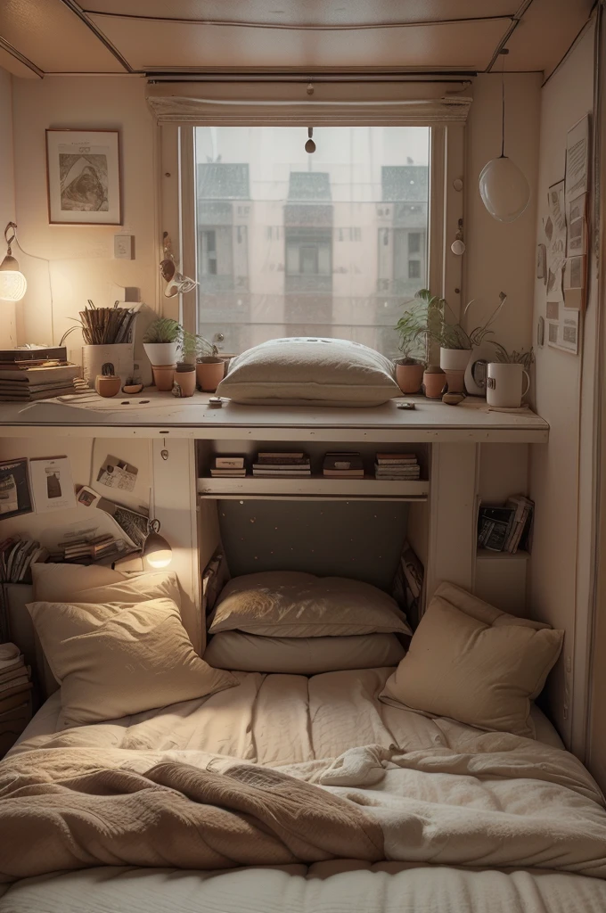 A bedroom that has a cozy and intimate atmosphere, perfect for relaxation and sleep. The room features a large window that overlooks a rainy cityscape, providing a moody and calming backdrop. The bed is covered with soft blankets and pillows, and a cat is peacefully resting on it, adding to the cozy vibe. 

The room is decorated with various framed pictures on the wall, and there are warm, ambient lights and small lamps that create a soft glow. The bedside area is cluttered with books and plants, giving the space a lived-in and personal feel. The overall aesthetic is warm and inviting, making it an ideal spot for a restful night's sleep.