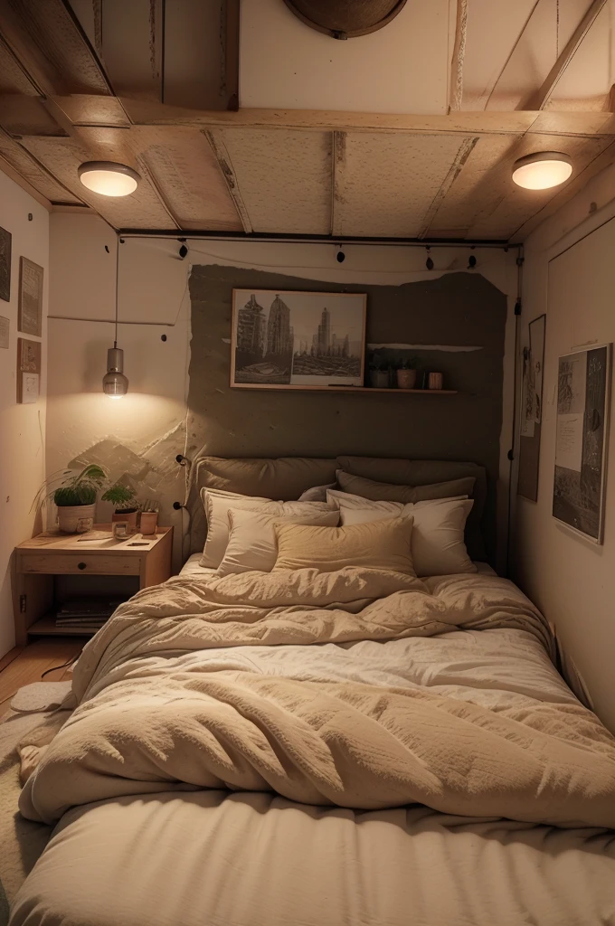 A bedroom that has a cozy and intimate atmosphere, perfect for relaxation and sleep. The room features a large window that overlooks a rainy cityscape, providing a moody and calming backdrop. The bed is covered with soft blankets and pillows, and a cat is peacefully resting on it, adding to the cozy vibe. 

The room is decorated with various framed pictures on the wall, and there are warm, ambient lights and small lamps that create a soft glow. The bedside area is cluttered with books and plants, giving the space a lived-in and personal feel. The overall aesthetic is warm and inviting, making it an ideal spot for a restful night's sleep.