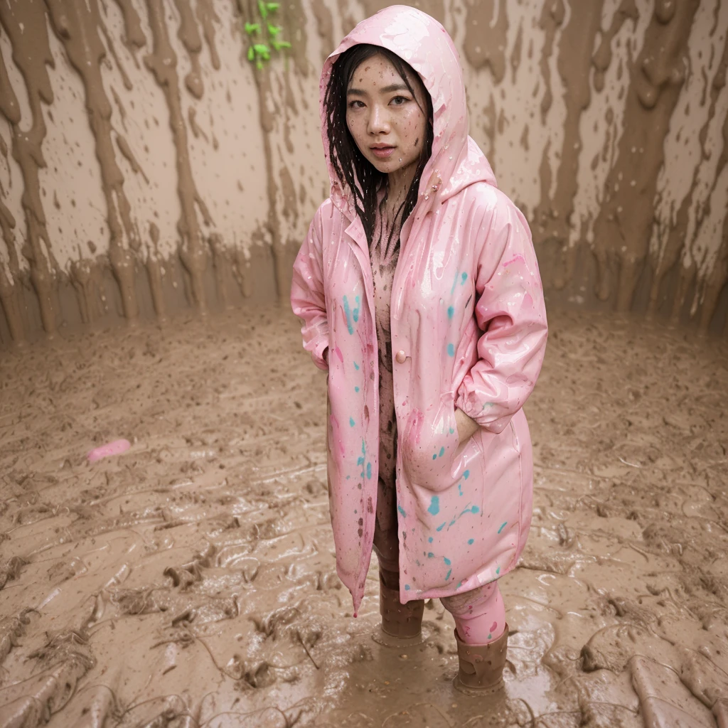 asian lady, cute pose, ((pink buttoned up raincoat)), ((wearing raincoat hood)), tall pink rain boots, ((((muddy splatters)))), ((mud dripping down raincoat)), intricate details, highly detailed, masterpiece, 8k, photorealistic, cinematic lighting, vibrant colors, soft focus, elegant, feminine, beautiful, serene, graceful
