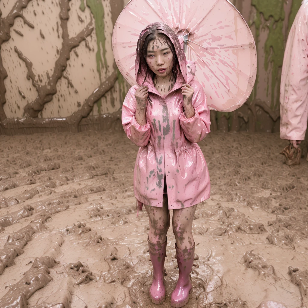 asian lady, cute pose, ((pink buttoned up raincoat)), ((wearing raincoat hood)), tall pink rain boots, ((((muddy splatters)))), ((mud dripping down raincoat)),  intricate details, highly detailed, masterpiece, 8k, photorealistic, cinematic lighting, vibrant colors, soft focus, elegant, feminine, beautiful, serene, graceful