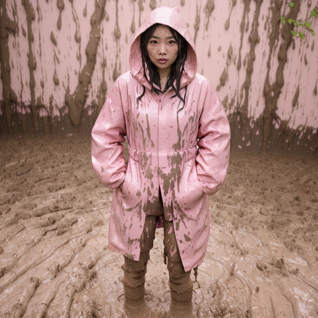 asian lady, cute pose, ((pink buttoned up raincoat)), ((wearing raincoat hood)), tall pink rain boots, ((((muddy splatters)))), ((mud dripping down raincoat)), intricate details, highly detailed, masterpiece, 8k, photorealistic, cinematic lighting, vibrant colors, soft focus, elegant, feminine, beautiful, serene, graceful