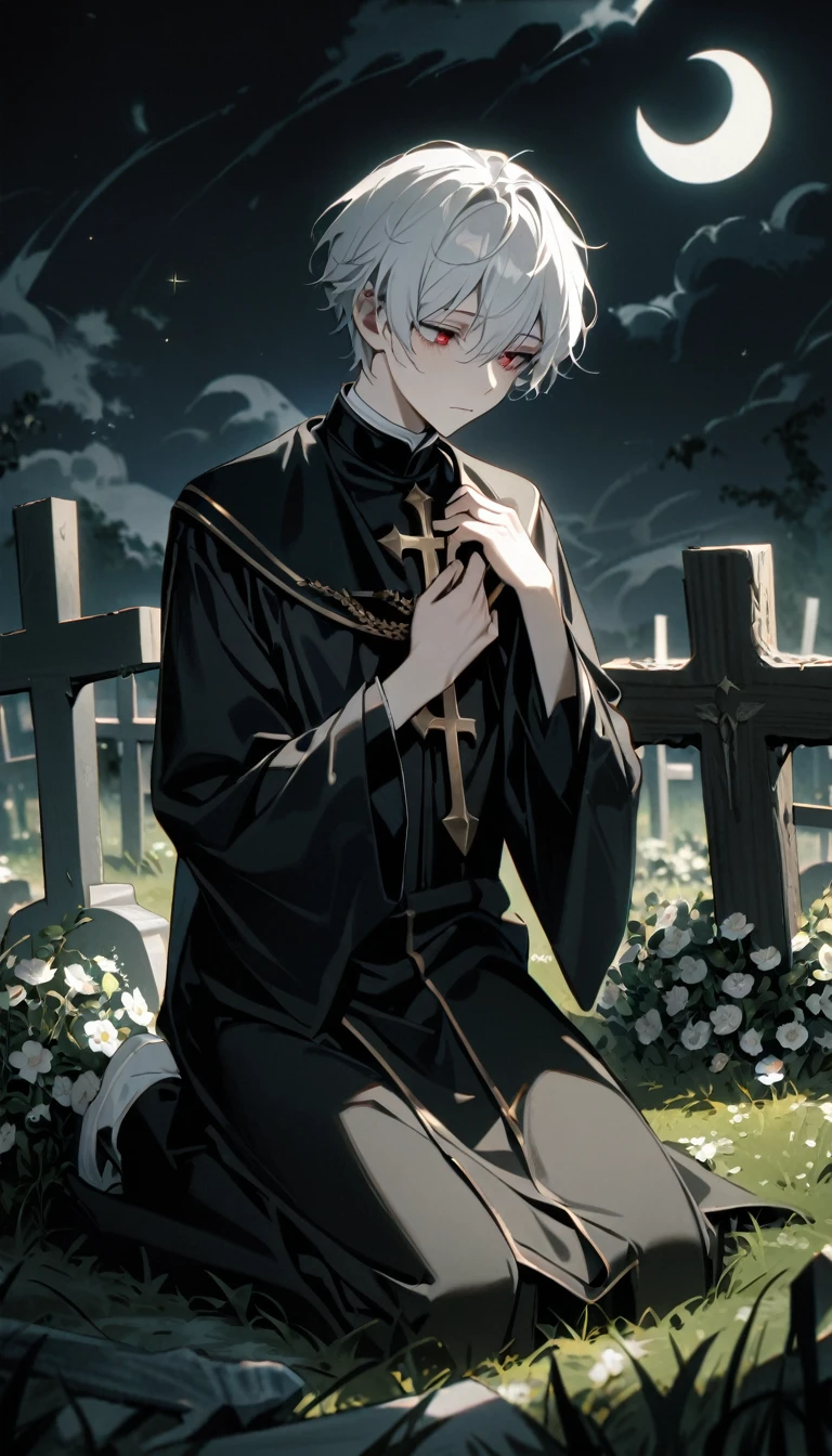 1boy, male focus, young boy, beautiful boy, short white hair, droopy red eyes, he looks stoic and a bit sad, he is slender, he has fair skin, he is wearing a European Catholic priest black uniform, he is kneeling down before a worn gravestone, left hand holding a bunch of flowers to his chest, right hand is putting a flower on the grave, at night, dark cloud, crescent moon, in a grass field, the grass is withered and blown by the wind, there are some worn wooden crosses stuck on the ground, the air has a faint white hue, melancholic air , absurdres, masterpiece, cinematic, detailed