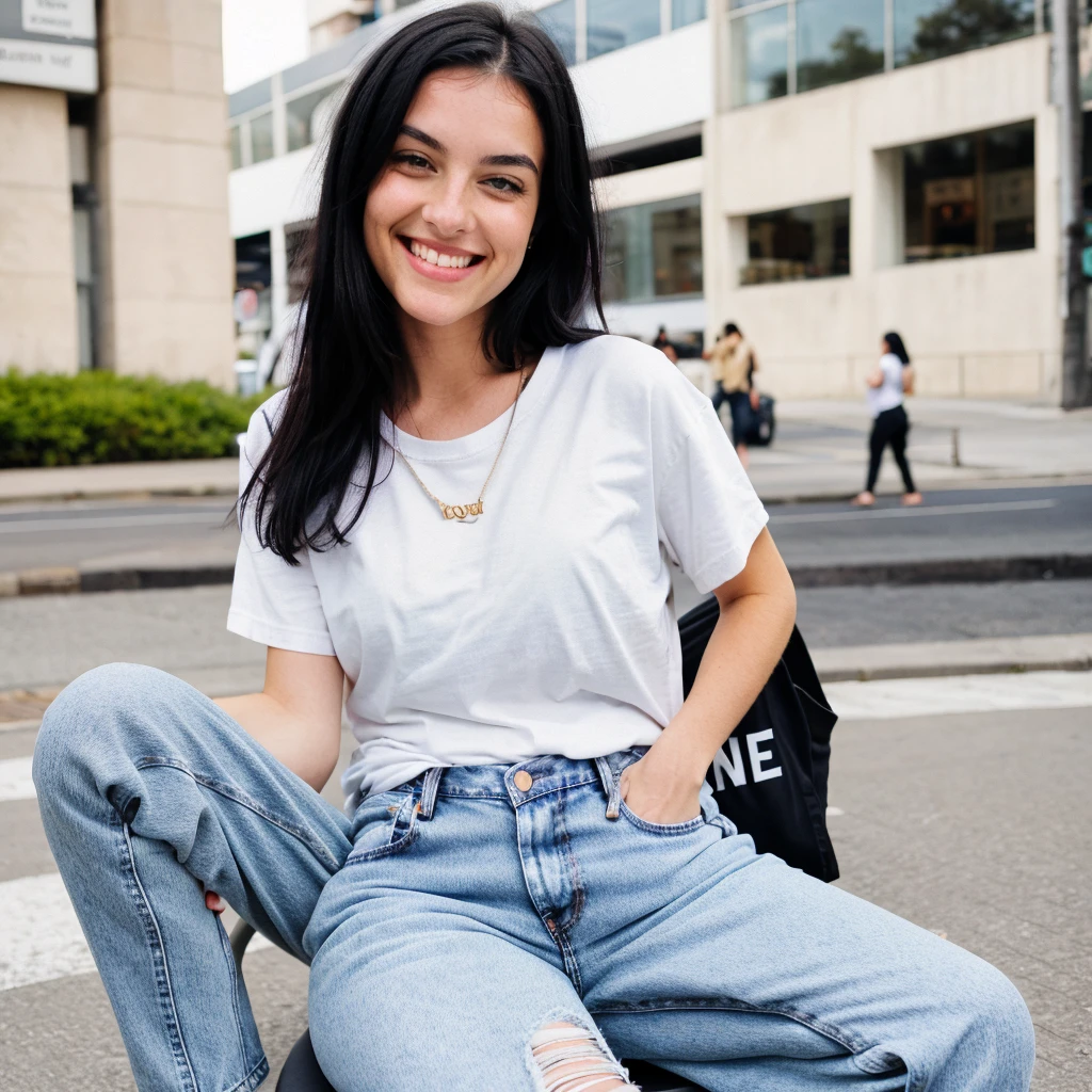 A hyper realistic image of a beautiful young Caucasian woman sitting with round face, black hair, smiling. She is wearing a plain (baggy) t-shirt and jeans. In street. (Modest dressing) properly dressed. (((Number of persons:1)))