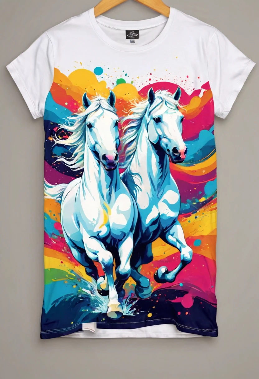 A t-shirt with vector art of a colorful illustration of two white horses, Saltito, At the center, swirly vibrant colors, paint splashes and smears, 32K Quality, UHD details, high détail, t-shirt designs
(artwork, best quality, proffesional, perfect composition, very aesthetic, absurdrez, super verbose, Intricate details:1.3)