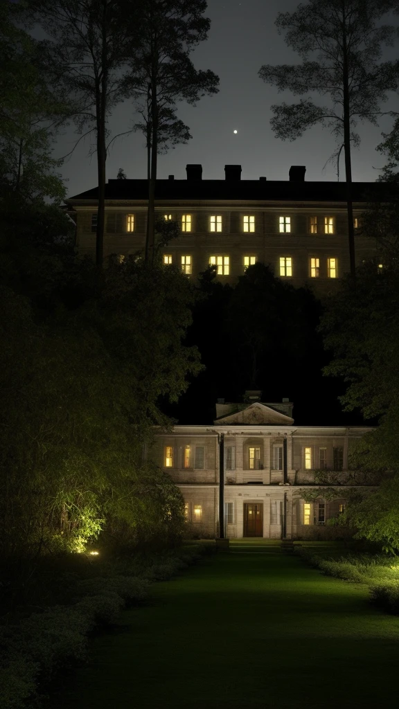 Mental hospital exterior with garden in a forest at night