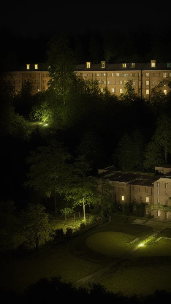 Mental hospital exterior with garden in a forest at night