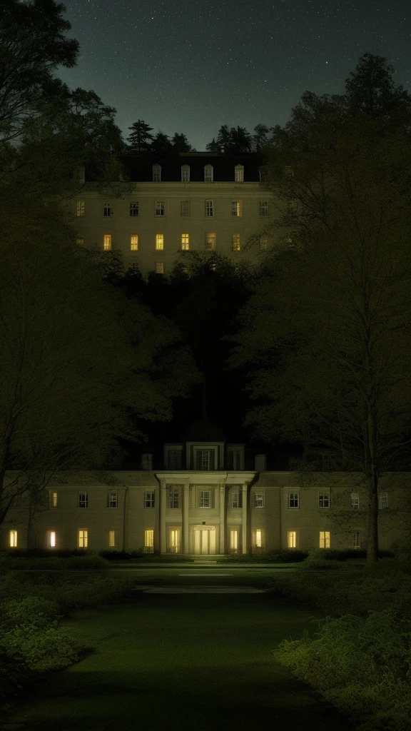 Mental hospital exterior with garden in a forest at night
