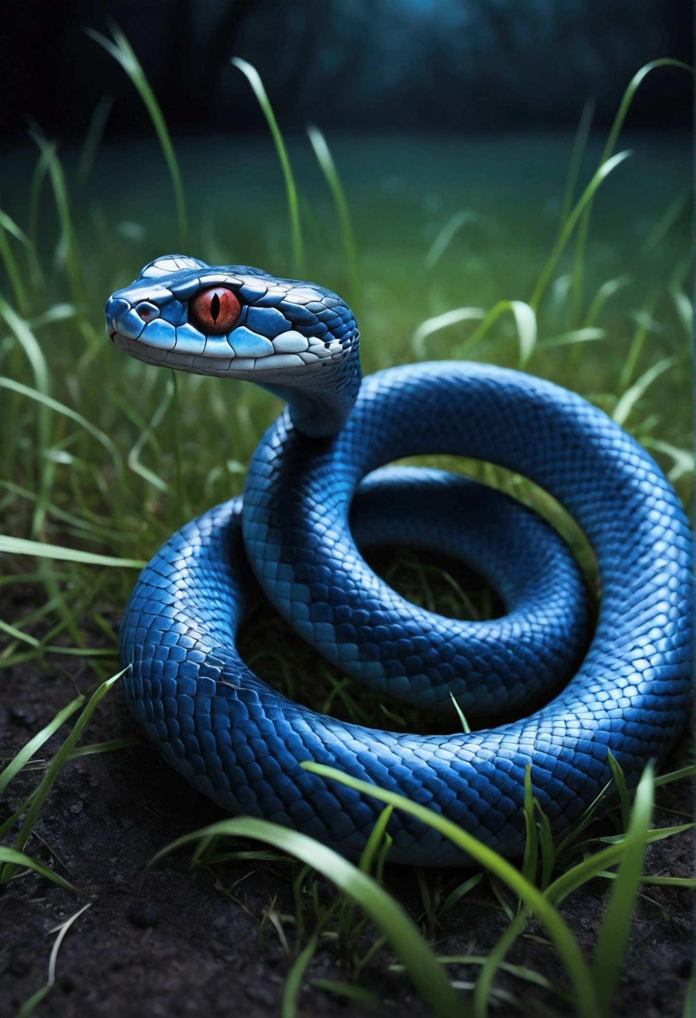 A small blue snake,on a grassy field,With his eyes closed,Eerie light,Dark night,high high quality,fog atmosphere,(Chinese folk suspense supernatural comic style),High detail, Sharp focus, Dramatic,The art of painting by Midjourney and Greg Rutkowski, Bokeh on the background,No Man, wings on back, flying