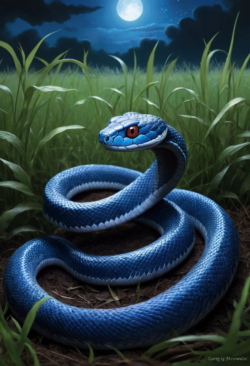 A small blue snake，on a grassy field，With his eyes closed，Eerie light，Dark night，high high quality，fog atmosphere，(Chinese folk suspense supernatural comic style),High detail, Sharp focus, Dramatic，The art of painting by Midjourney and Greg Rutkowski, Bokeh on the background，No Man, wings on back, flying