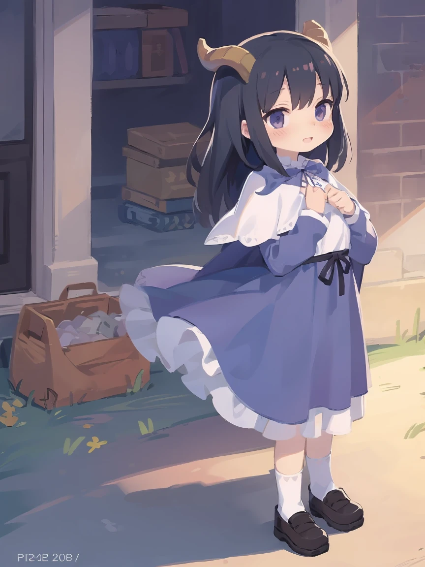 a cartoon image of a girl in a blue cape and white dress, an anime drawing by Jin Homura, pixiv, anime style like fate/stay night, black hair, goat horns, standing, full body