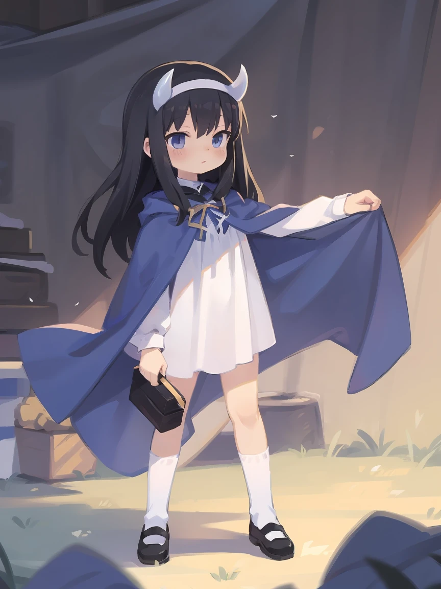 a cartoon image of a girl in a blue cape and white dress, an anime drawing by Jin Homura, pixiv, anime style like fate/stay night, black hair, goat horns, standing, full body
