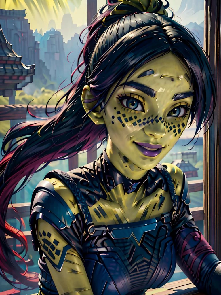 (best quality, masterpiece, beautiful and aesthetic:1.2, colorful, dynamic angle, highest detailed face)1girl,barissoffee, ninja, (green skin:1.4), facial tattoo,upper body portrait, looking at viewer, smiling(high contrast, official art, extreme detailed, highest detailed)