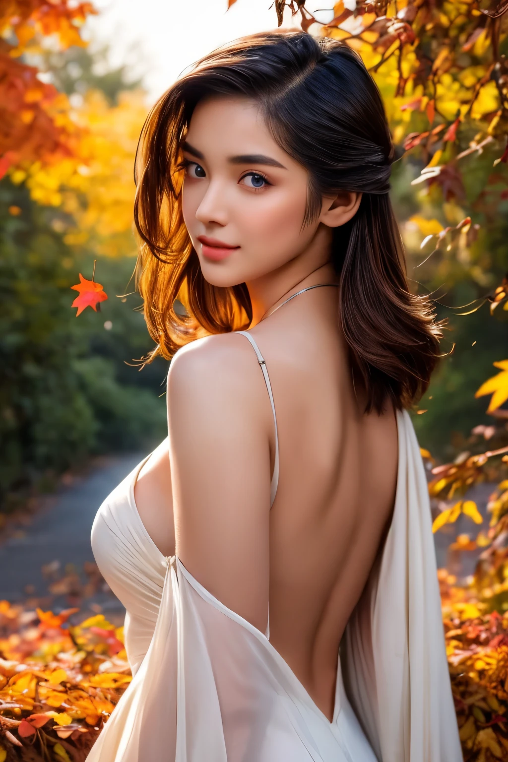 A breathtakingly photorealistic portrait of a 23-year-old slim woman with fair skin, very detailed and sharp facial features and expressions, very detailed and shinning glossy eyes, detailed full glossy lips, detailed white teeth, detailed sharp nose, dressed in a beautiful fashionable dress that elegantly exposes only her shoulders and scapula, standing in an autumnal landscape at twilight. Her enraptured gaze is sharply focused on something beyond the camera's view, captivating the viewer with her beautiful blue eyes that radiate a soft yet powerful eros. The cinematic light casts a warm glow over her, reminiscent of a professional grow light effect, highlighting her flawless, highly detailed skin and facial features. Autumn leaves in a spectrum of fiery hues dance around her, adding a playful and dynamic element to the serene scene. The dress fabric flows gently with the evening breeze, revealing a tantalizing glimpse of her voluptuous form. Her limbs are rendered with ultra-detail, showcasing the artist's mastery of anatomy and the way the fabric clings to her body. The background is a stunning 8K resolution, painting a picture of an autumnal landscape in the evening with a perfect dynamic composition that draws the eye back to the focal point of the portrait. The overall effect is that of a cinematic masterpiece, with the leaves fluttering around her creating a mesmerizing backdrop that complements the calm pose she holds. The sharp focus on her back emphasizes the intricate detail of the scene, while the subtle sexy undertones of the image are accentuated by the kimono's design and her alluring presence. The entire scene exudes an atmosphere of tranquility and beauty, leaving the observer spellbound by the too-cute yet seductive charm of the woman and the enchanting autumnal setting.