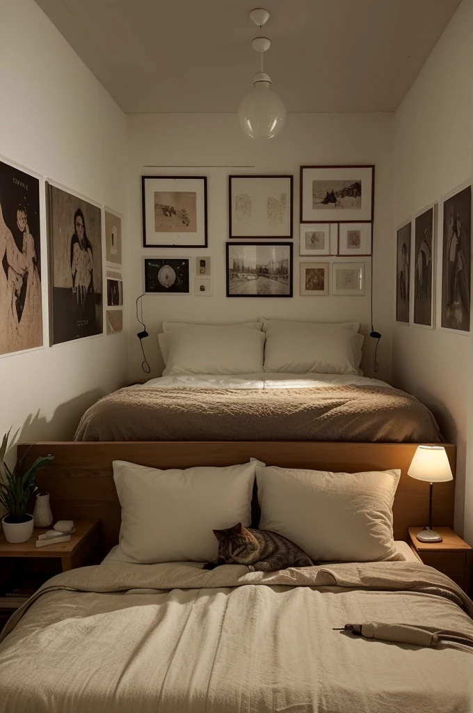 A bedroom that has a cozy and intimate atmosphere, perfect for relaxation and sleep. The room features a large window that overlooks a rainy cityscape, providing a moody and calming backdrop. The bed is covered with soft blankets and pillows, and a cat is peacefully resting on it, adding to the cozy vibe. 

The room is decorated with various framed pictures on the wall, and there are warm, ambient lights and small lamps that create a soft glow. The bedside area is cluttered with books and plants, giving the space a lived-in and personal feel. The overall aesthetic is warm and inviting, making it an ideal spot for a restful night's sleep.