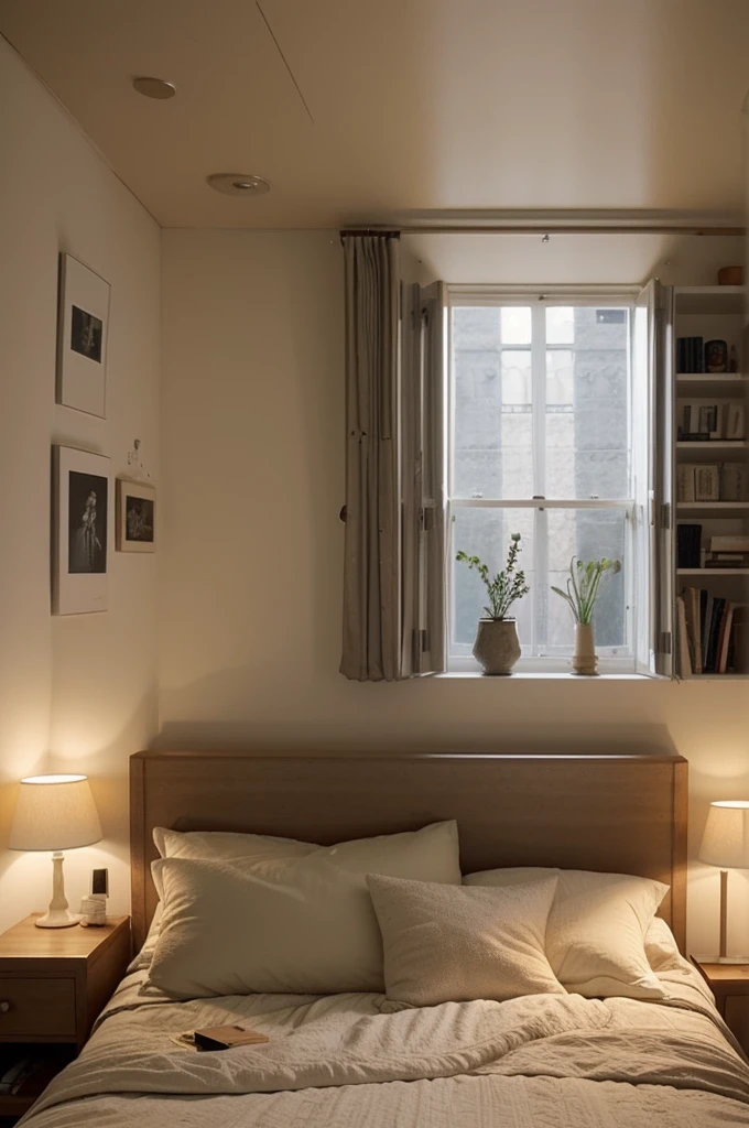 A bedroom that has a cozy and intimate atmosphere, perfect for relaxation and sleep. The room features a large window that overlooks a rainy cityscape, providing a moody and calming backdrop. The bed is covered with soft blankets and pillows, and a cat is peacefully resting on it, adding to the cozy vibe. 

The room is decorated with various framed pictures on the wall, and there are warm, ambient lights and small lamps that create a soft glow. The bedside area is cluttered with books and plants, giving the space a lived-in and personal feel. The overall aesthetic is warm and inviting, making it an ideal spot for a restful night's sleep.