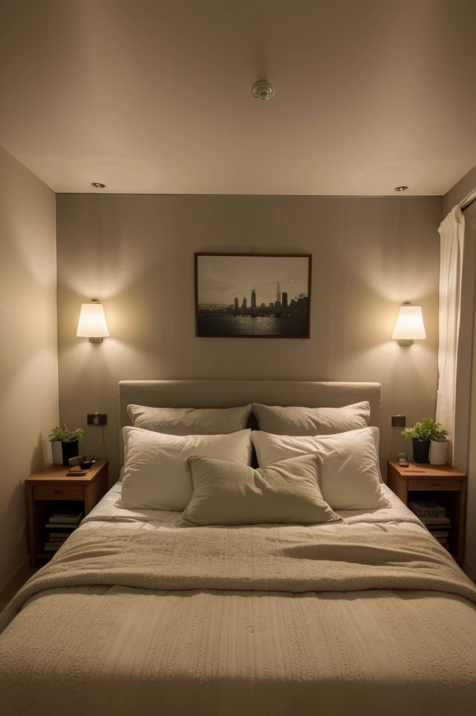 A bedroom that has a cozy and intimate atmosphere, perfect for relaxation and sleep. The room features a large window that overlooks a rainy cityscape, providing a moody and calming backdrop. The bed is covered with soft blankets and pillows, and a cat is peacefully resting on it, adding to the cozy vibe. 

The room is decorated with various framed pictures on the wall, and there are warm, ambient lights and small lamps that create a soft glow. The bedside area is cluttered with books and plants, giving the space a lived-in and personal feel. The overall aesthetic is warm and inviting, making it an ideal spot for a restful night's sleep.