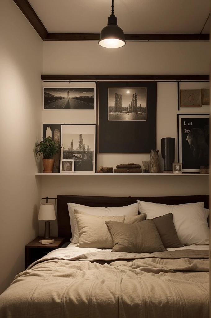 A bedroom that has a cozy and intimate atmosphere, perfect for relaxation and sleep. The room features a large window that overlooks a rainy cityscape, providing a moody and calming backdrop. The bed is covered with soft blankets and pillows, and a cat is peacefully resting on it, adding to the cozy vibe. 

The room is decorated with various framed pictures on the wall, and there are warm, ambient lights and small lamps that create a soft glow. The bedside area is cluttered with books and plants, giving the space a lived-in and personal feel. The overall aesthetic is warm and inviting, making it an ideal spot for a restful night's sleep.