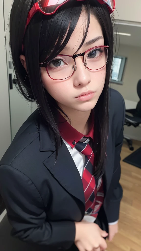 a masterpiece portrait of a beautiful young woman with a small face and angry expression, wearing red glasses , wearing a and a short skirt, in an office setting, shot with a DSLR camera, high-quality 8k UHD image with realistic skin details, detailed facial features, rim lighting, pink hair