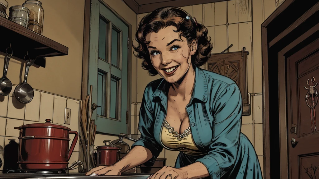 The vintage advertisement appears to celebrate 1950s domesticity at first glance. In the foreground, a smiling housewife poses holding a vintage vacuum, embodying the can-do attitude of the era's homemakers. She wears a classic polka-dot dress with a modest sweetheart neckline that hints at her shapely figure. Perfectly coiffed brunette curls frame her made-up face.
However, a closer look reveals a darker, sinister presence. Looming behind the housewife, visible through the open doorway of her cheerful kitchen, is the unmistakable form of a grotesque, multi-tentacled monster straight out of a sci-fi horror tale. Tentacled monster, tentacled monster, tentacled monster, tentacled monster.
The creature's putrid, gelatinous flesh seems to slough from its pulsating form, already staining the cheerful checkerboard tiles. Countless grotesque appendages whip through the air, knocking over cherry-red kitchen accessories. One deformed tentacle, lined with rows of serrated fangs, creeps ever closer to the oblivious housewife.
But the homemaker's plastic smile remains unwavering, her upbeat pose entirely at odds with the literal kitchen nightmare unfolding behind her. The vacuum she holds looks comically inadequate against the spawning abomination.
The bold text overlay reads: "With Maybelle's, Even Cosmic Horrors Are No Match for a Housewife's Gumption!" The tagline jarringly combines the idyllic 1950s household with a hint of schlocky, drive-in movie camp.
Blending the saccharine-sweet feminine ideals of the era with a full-blown sci-fi monster invasion, the advertisement presents a deliriously incongruous juxtaposition of prim domesticity and terrifying, tentacled chaos.