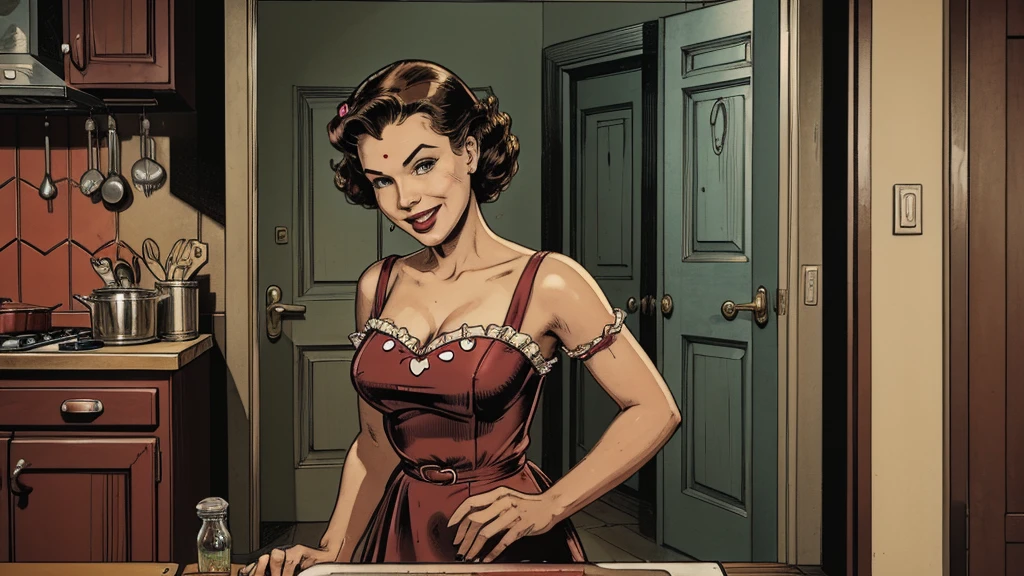 The vintage advertisement appears to celebrate 1950s domesticity at first glance. In the foreground, a smiling housewife poses holding a vintage vacuum, embodying the can-do attitude of the era's homemakers. She wears a classic polka-dot dress with a modest sweetheart neckline that hints at her shapely figure. Perfectly coiffed brunette curls frame her made-up face.
However, a closer look reveals a darker, sinister presence. Looming behind the housewife, visible through the open doorway of her cheerful kitchen, is the unmistakable form of a grotesque, multi-tentacled monster straight out of a sci-fi horror tale. Tentacled monster, tentacled monster, tentacled monster, tentacled monster.
The creature's putrid, gelatinous flesh seems to slough from its pulsating form, already staining the cheerful checkerboard tiles. Countless grotesque appendages whip through the air, knocking over cherry-red kitchen accessories. One deformed tentacle, lined with rows of serrated fangs, creeps ever closer to the oblivious housewife.
But the homemaker's plastic smile remains unwavering, her upbeat pose entirely at odds with the literal kitchen nightmare unfolding behind her. The vacuum she holds looks comically inadequate against the spawning abomination.
The bold text overlay reads: "With Maybelle's, Even Cosmic Horrors Are No Match for a Housewife's Gumption!" The tagline jarringly combines the idyllic 1950s household with a hint of schlocky, drive-in movie camp.
Blending the saccharine-sweet feminine ideals of the era with a full-blown sci-fi monster invasion, the advertisement presents a deliriously incongruous juxtaposition of prim domesticity and terrifying, tentacled chaos.