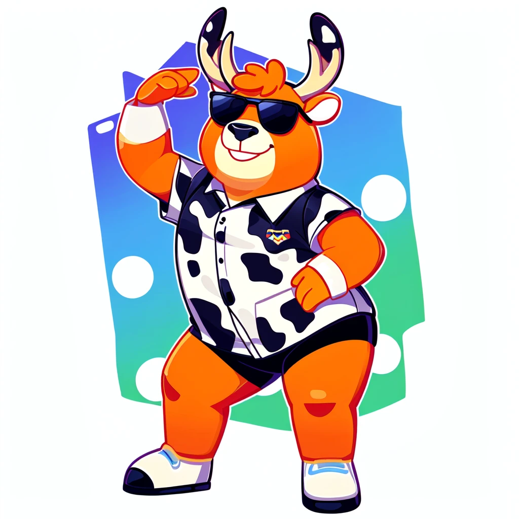 
Just Dance，Wear a shirt、Wearing sunglasses、Cartoon cow full body mascot with arms crossed, ( cow wearing sunglasses, dancing character, Created using Adobe Illustrator, Teddy Fresh, Orange body, Created using Adobe Illustrator, Cartoon shading:15, Official Art, Merge roles, an anthropomorphic deer, Official illustrations, Full body clothing, Low resolution, posture