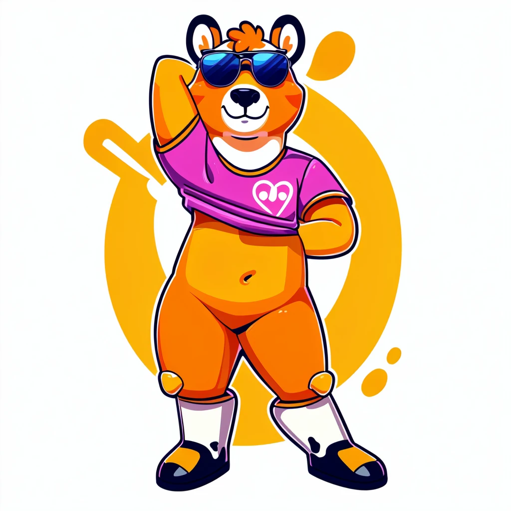 Just Dance,Wear a shirt、Wearing sunglasses、Cartoon cow full body mascot with arms crossed, ( cow wearing sunglasses, dancing character, Created using Adobe Illustrator, Teddy Fresh, Orange body, Created using Adobe Illustrator, Cartoon shading:15, Official Art, Merge roles, an anthropomorphic deer, Official illustrations, Full body clothing, Low resolution, posture