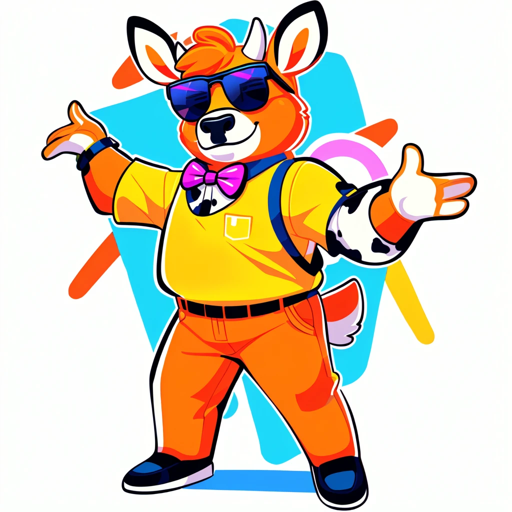 
Just Dance，Wear a shirt、Wearing sunglasses、Cartoon cow full body mascot with arms crossed, ( cow wearing sunglasses, dancing character, Created using Adobe Illustrator, Teddy Fresh, Orange body, Created using Adobe Illustrator, Cartoon shading:15, Official Art, Merge roles, an anthropomorphic deer, Official illustrations, Full body clothing, Low resolution, posture