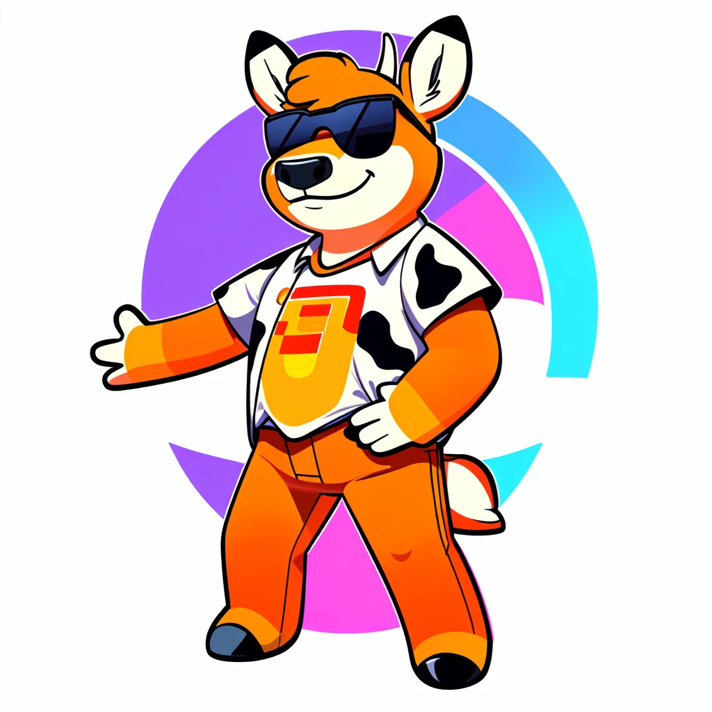
Just Dance，Wear a shirt、Wearing sunglasses、Cartoon cow full body mascot with arms crossed, ( cow wearing sunglasses, dancing character, Created using Adobe Illustrator, Teddy Fresh, Orange body, Created using Adobe Illustrator, Cartoon shading:15, Official Art, Merge roles, an anthropomorphic deer, Official illustrations, Full body clothing, Low resolution, posture