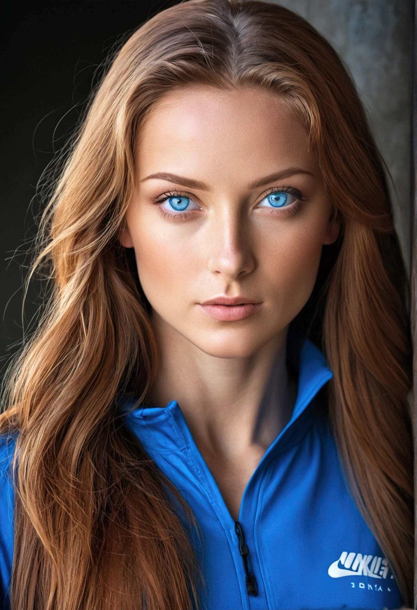 BEAUTIFUL WOMAN WITH BLUE EYES AND LONG CINNAMON HAIR WEARING SPORTS CLOTHES