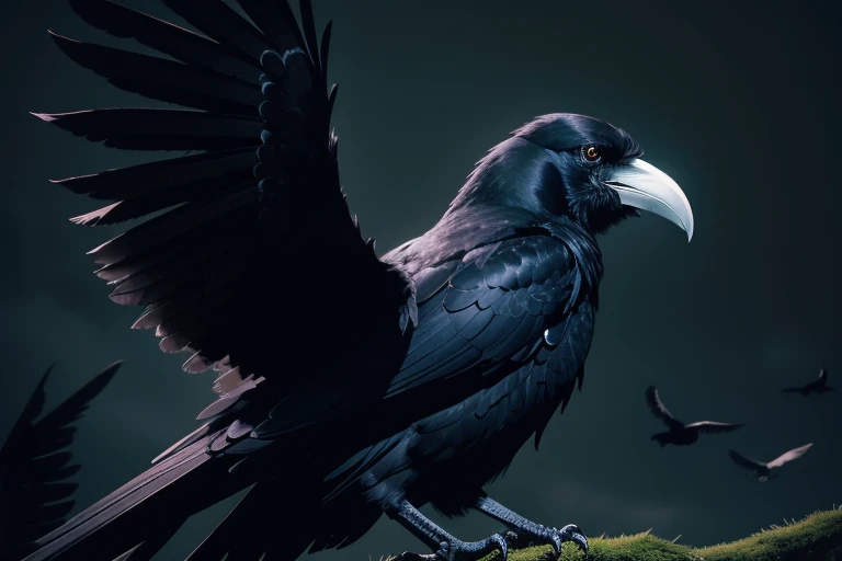 a close up of a bird flying in the dark with red and black feathers, raven wings, dark raven, ravens as a symbol of death, raven monster, dark feathered wings, black ravens, ravens, beautiful ravens, raven in cybernetic armor, in style dark fantasy art, crow, ravenous, green colors background wallpaper in cmyk hq 4k, by Galen Dara